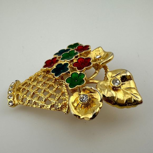 Vintage Gold Tone Enamel Clear Rhinestone Flower Basket Brooch Pin Openwork 1.75 - Picture 6 of 10